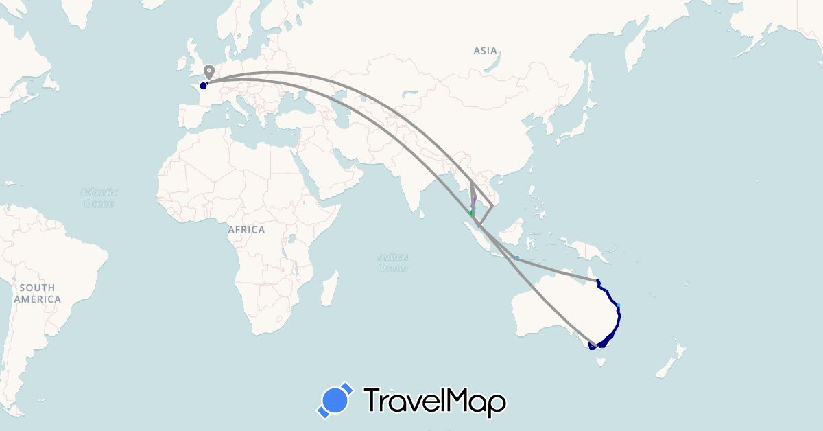 TravelMap itinerary: driving, bus, plane, train, boat in Australia, France, Indonesia, Malaysia, Singapore, Thailand, Vietnam (Asia, Europe, Oceania)